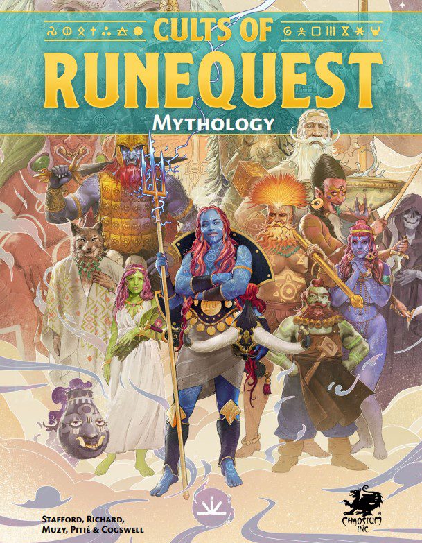 A cover that reads "Cults of RuneQuest: Mythology," with an assortment of deities, some human like and blue, some fiendish in aspect, one that looks like Death, and one with the head of a feline.