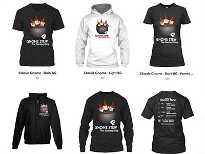 6 shirts and hoodies in black and white with the Gnome Stew logo on them.