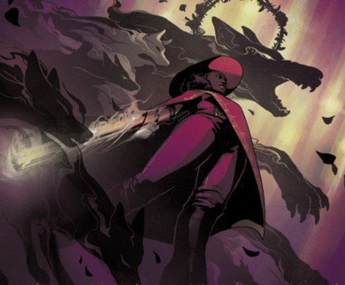 A cloaked figure in a broad brimmed hat turns their arm into a golden cannon, as a shadowy pack of wolf spirits gather behind them.