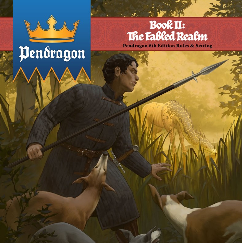 A knight in padded armor carrying a boar spear and surrounded by hunting hounds creeps through tall grasses to hunt a beast made up of a strange combination of animal traits.