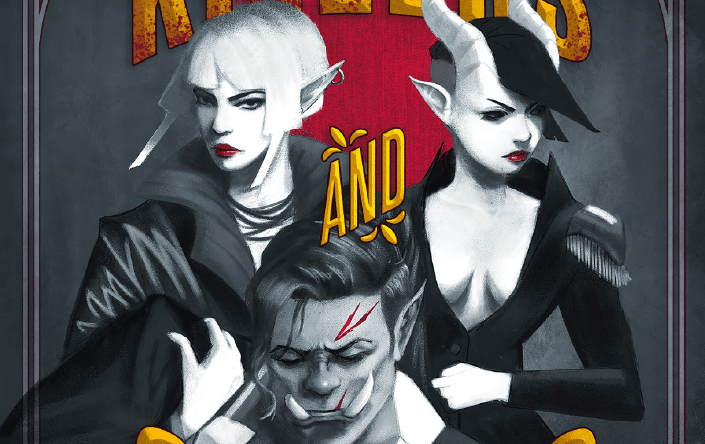 The image shows the PDF cover, showcasing an elf looking woman and a tiefling looking lady, both dressed in fine clothing, grabbing a half orc that appears to be hurt and unconscious
